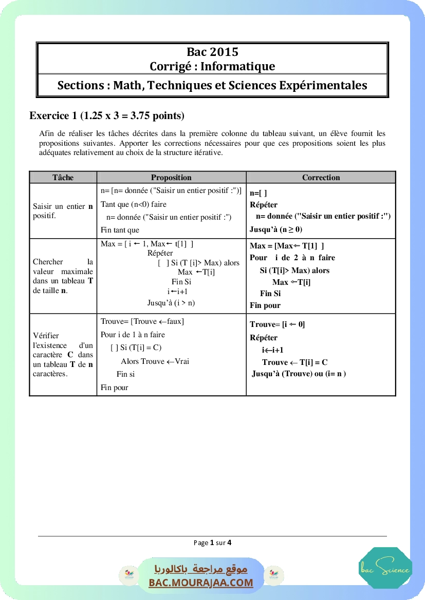 Corrigé principale info Bac 2015 – Section science